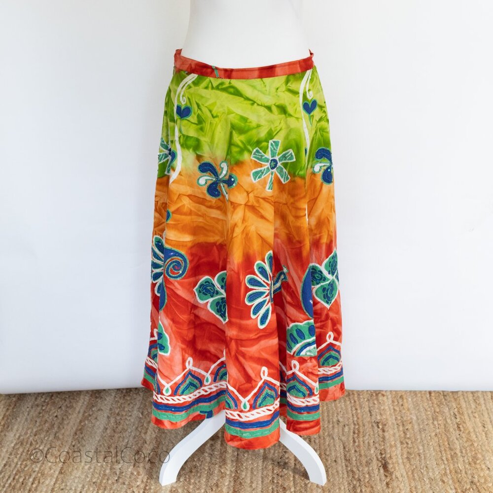Jasmine KC Midi Skirt L Multicolor Peacock Sequins Cotton Tropical Vacation Boho